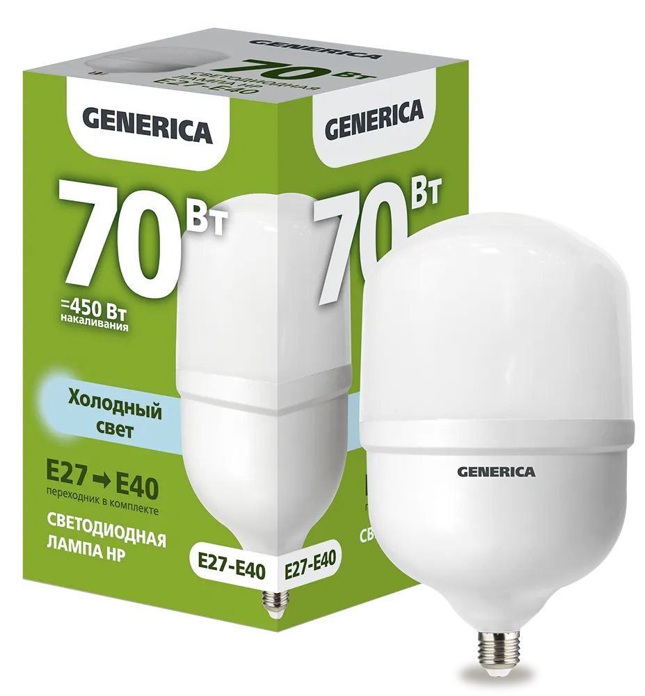 Лампа светодиодная HP 70Вт 230В 6500К E27-E40 GENERICA LL-HP-70-230-65-E27-E40-G