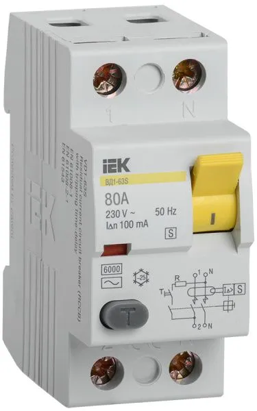 Выключатель дифференциальный (УЗО) ВД1-63S 2Р 80А 100мА IEK MDV12-2-080-100