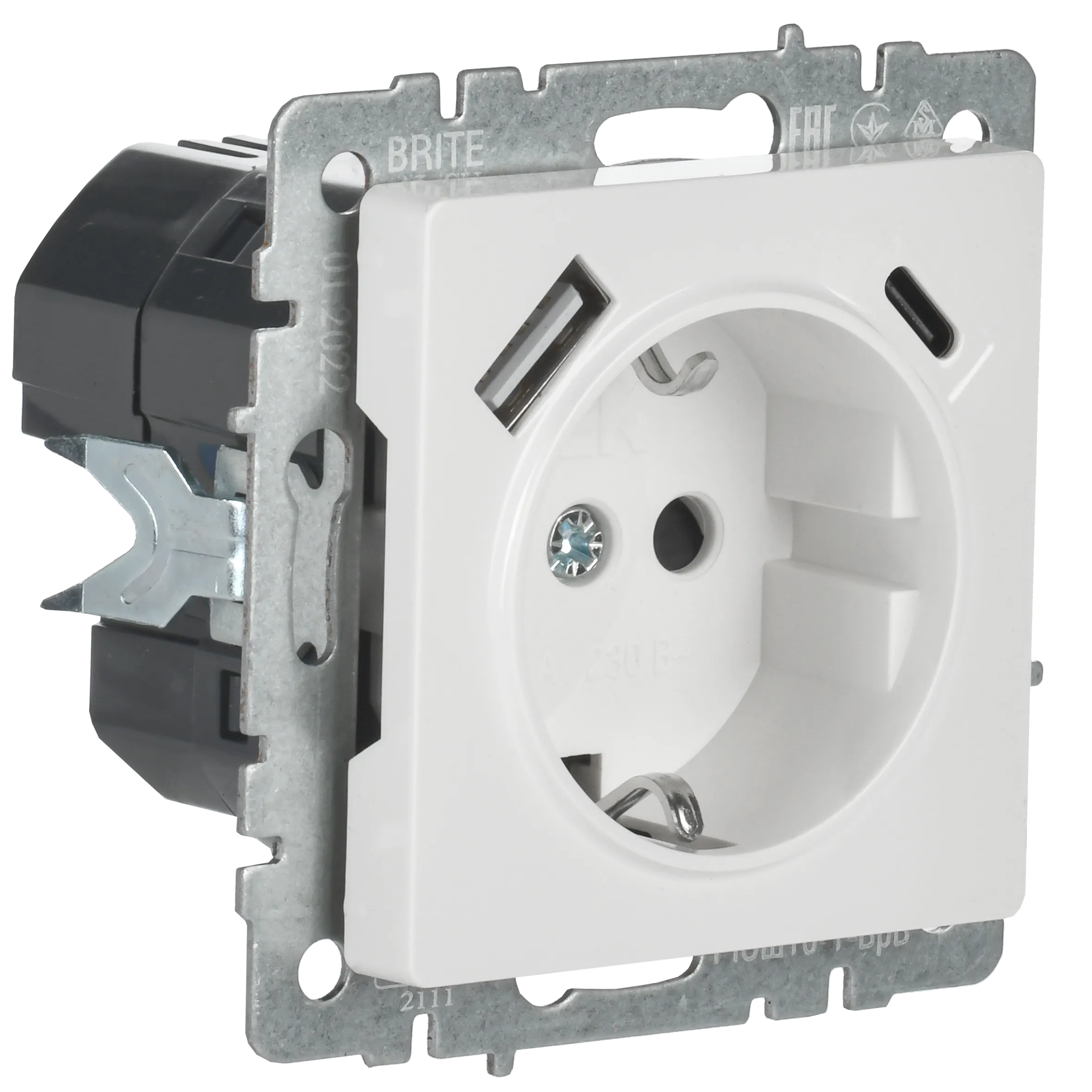 BRITE Розетка 1-местная с заземлением с защитными шторками 16А с USB A+C 18Вт РЮш11-1-БрБ белый IEK - Фото 2
