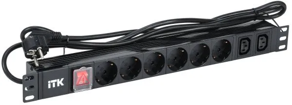ITK PDU 6 розеток немецкий стандарт + 2 С13 с LED выключателем 1U кабель 2м вилка немецкий стандарт