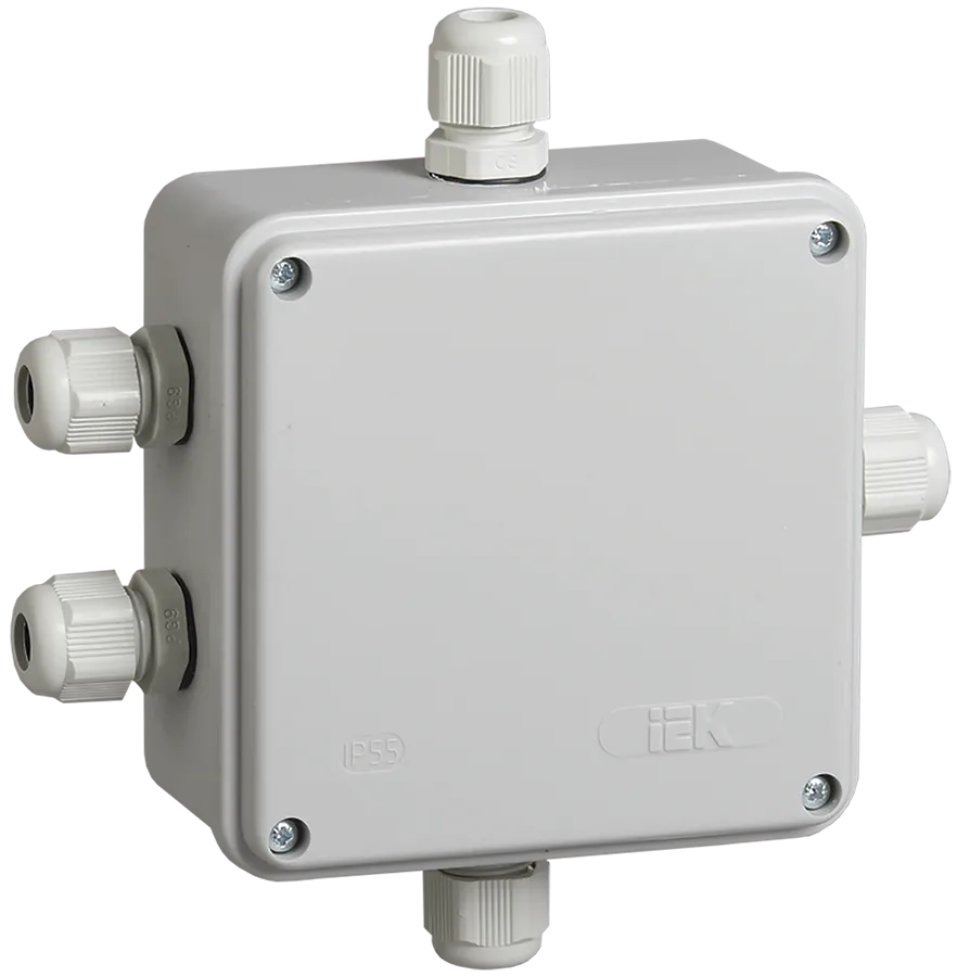 Коробка распаячная КМ41330 для открытой проводки безгалогенная (HF) 100х100х50мм IP55 5 гермовводов PG9 серая IEK