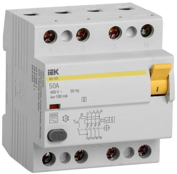 Выключатель дифференциальный (УЗО) ВД1-63S 4Р 50А 100мА IEK MDV12-4-050-100