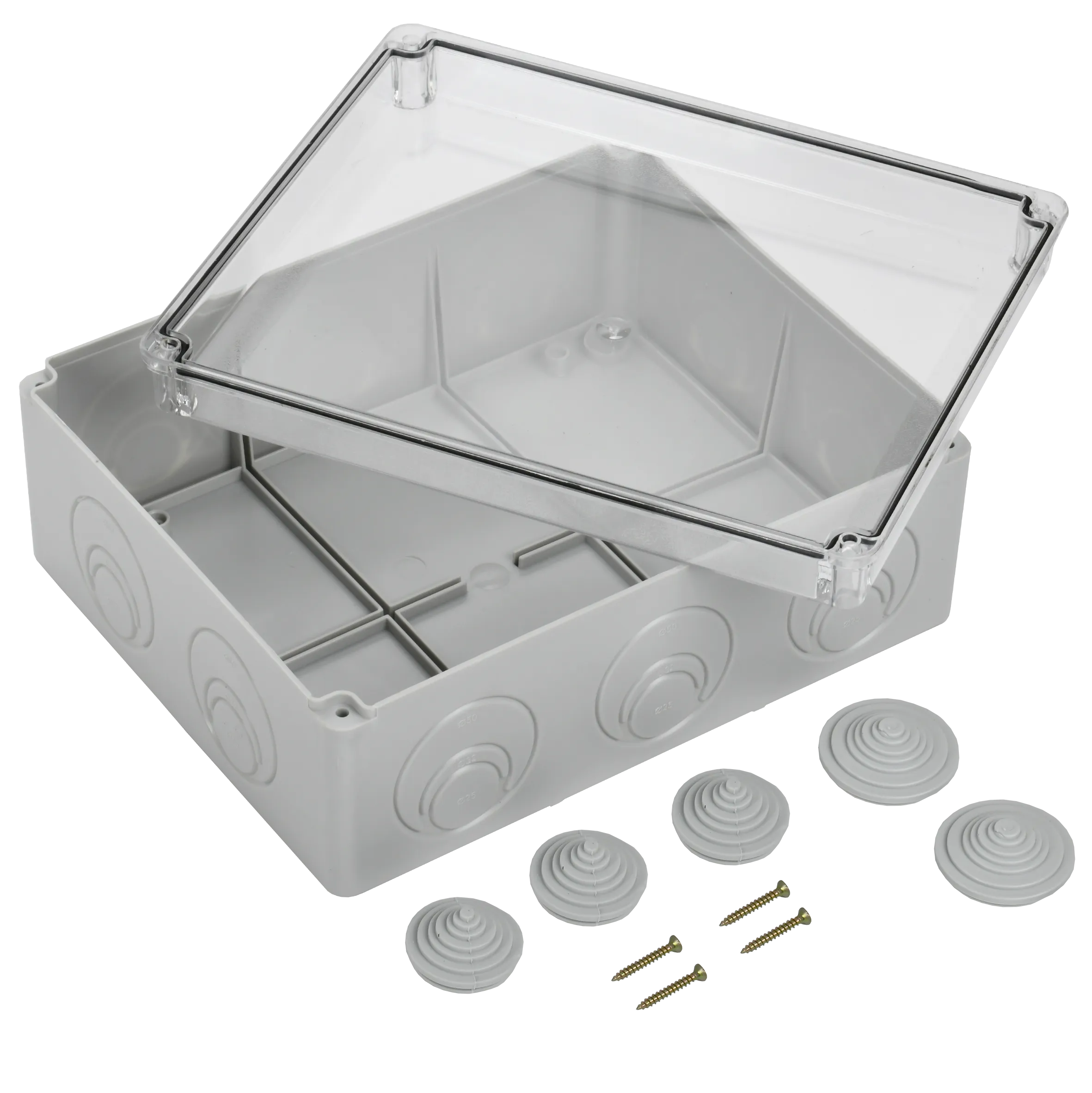 Коробка распаячная КМ41276 для открытой проводки безгалогенная (HF) 240х195х90мм с прозрачной крышкой IP55 5 вводов RAL 7035 IEK - Фото 5