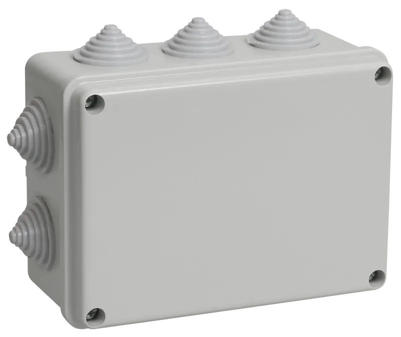 Коробка распаячная КМ41241 для открытой проводки безгалогенная (HF) 150х110х70мм IP44 10 гермовводов серая IEK