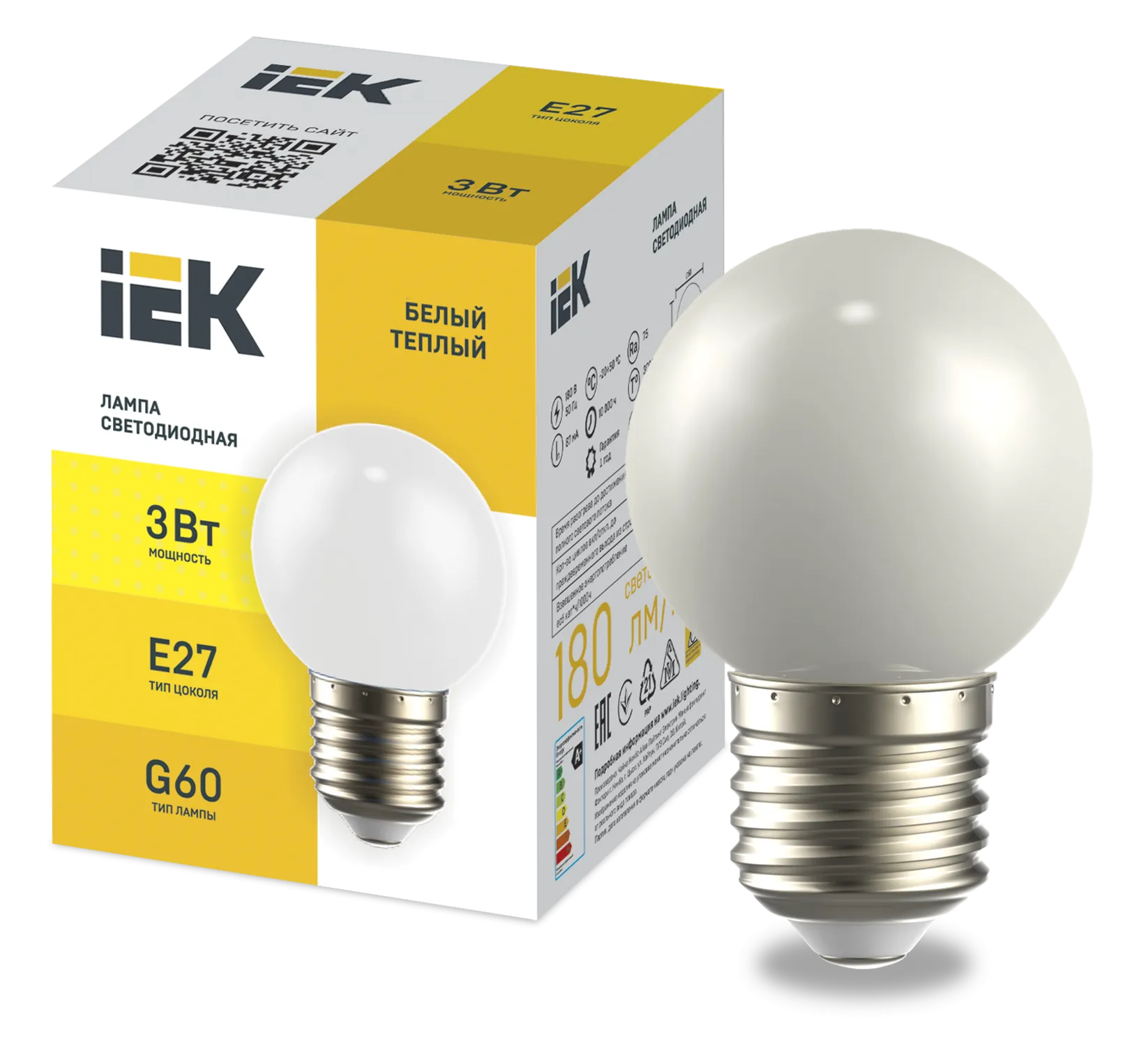 LIGHTING Лампа светодиодная декоративная G60 шар 3Вт 230В теплый белый E27 IEK LLE-G60-3-230-WW-E27