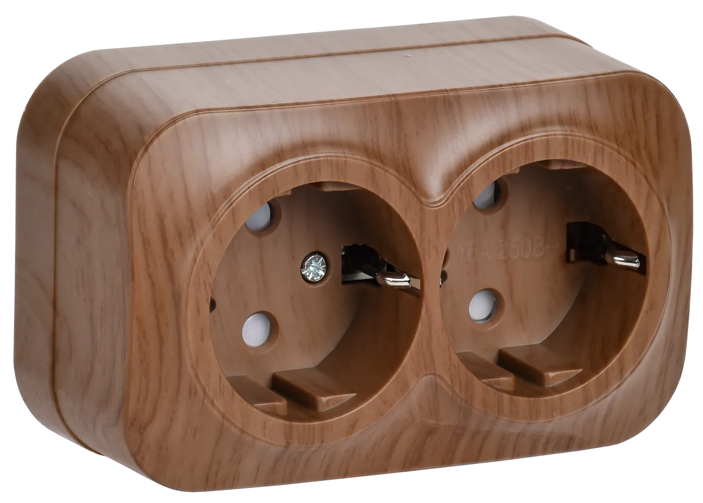 GLORY Розетка 2-местная для открытой установки с заземлением с защитными шторками 16А РСш22-3-ХД дуб IEK