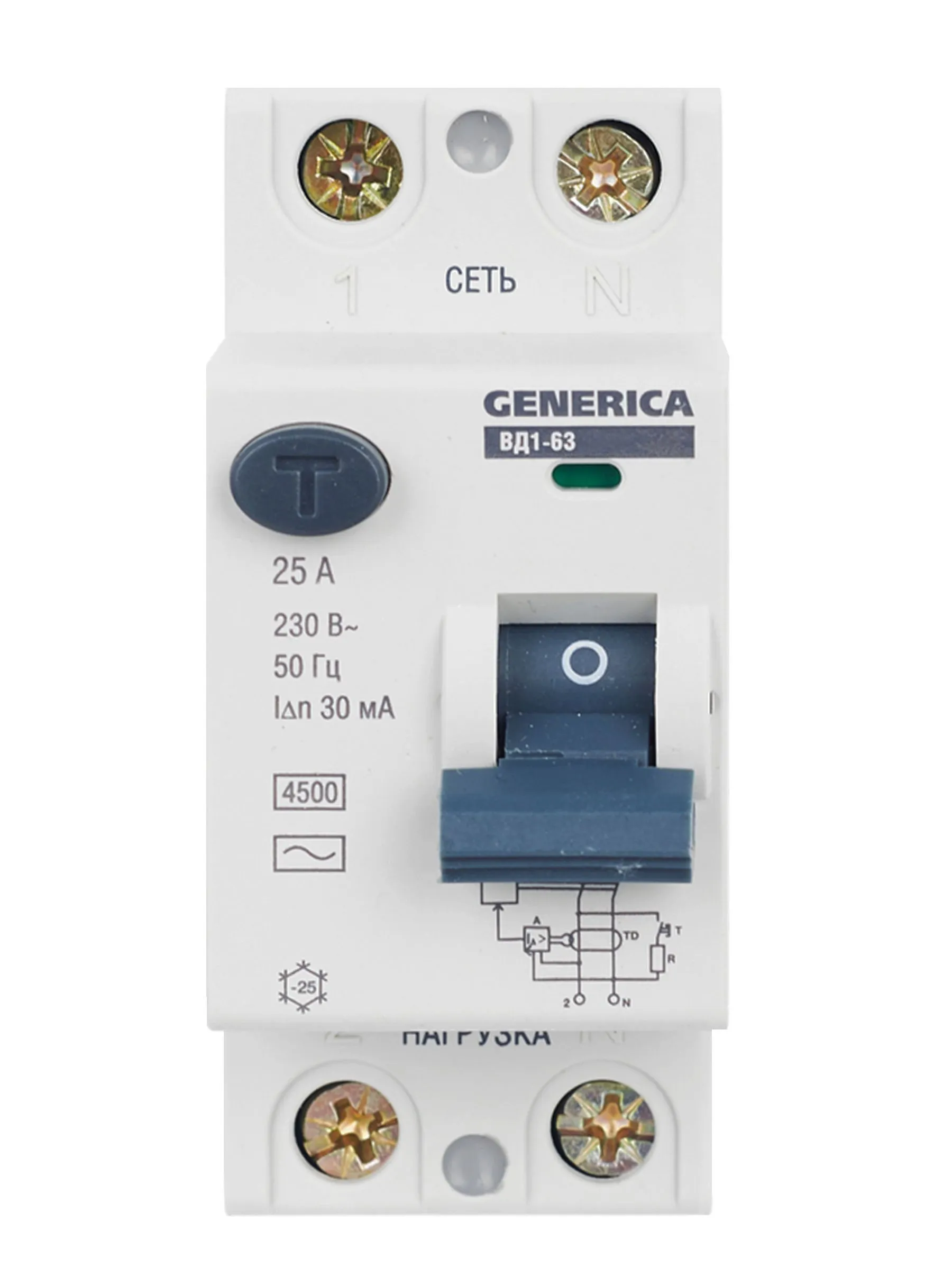 Выключатель дифференциальный (УЗО) ВД1-63 2Р 25А 30мА GENERICA - Фото 3