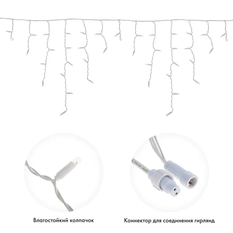Гирлянда светодиодная Бахрома (Айсикл) 2,4х0,6м 76 LED ТЕПЛЫЙ БЕЛЫЙ белый ПВХ IP65 постоянное свечение 230В нужен блок 303-500-1 NEON-NIGHT - Фото 2