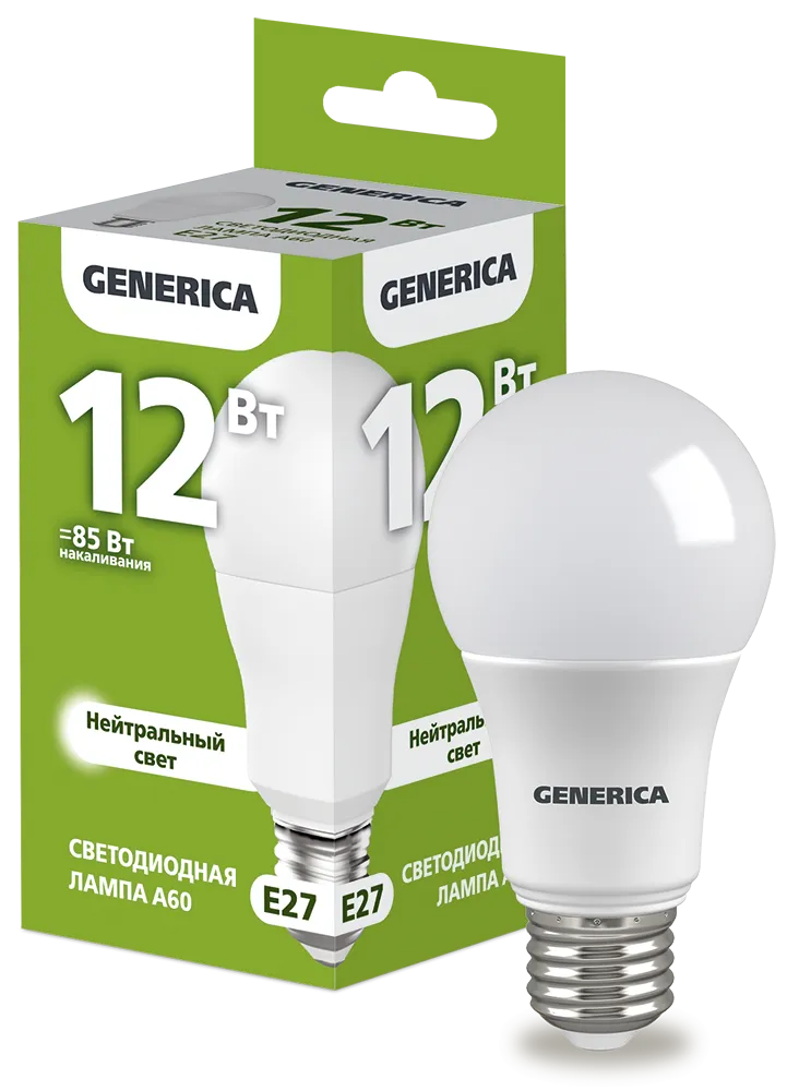 Лампа светодиодная A60 груша 12Вт 230В 4000К E27 GENERICA