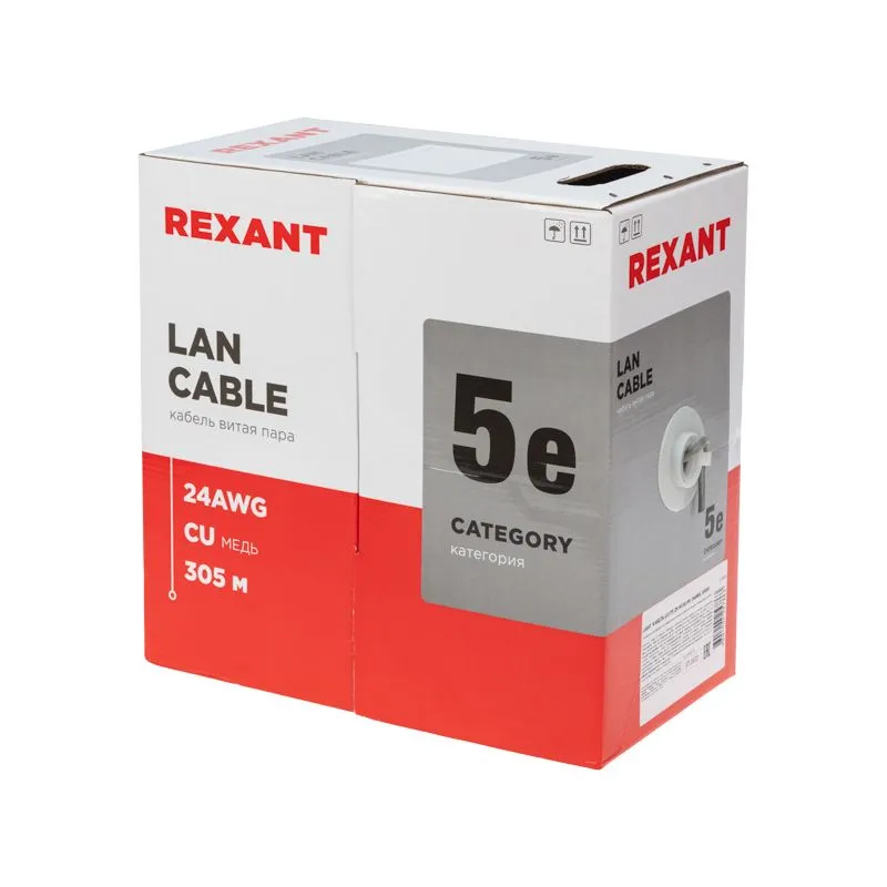 Кабель витая пара U/UTP, CAT 5e, ZH нг(А)-HF, 4PR, 24AWG, INDOOR, SOLID, серый, 305м REXANT LIGHT - Фото 2