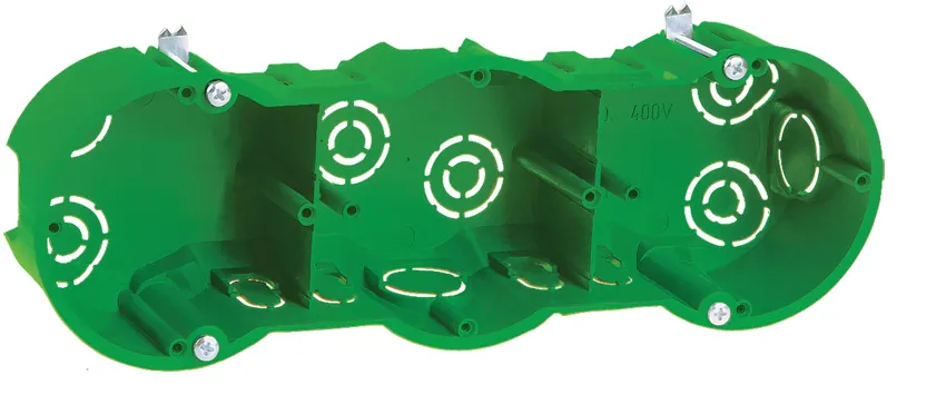 Коробка установочная КМ40024 трехместная для полых стен безгалогенная (HF) 212х70х45мм с саморезами и металлическими лапками IEK UKG30-212-070-045-M