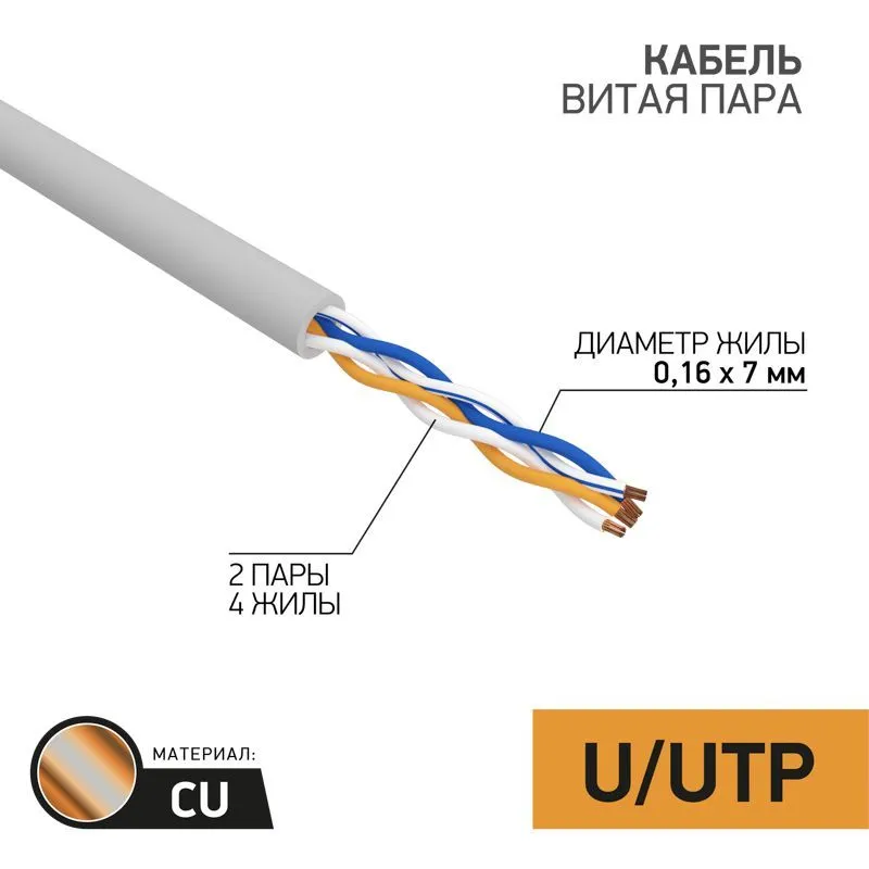 Кабель витая пара U/UTP, CAT 5e, PVC, 2PR, 24AWG, INDOOR, STRANDED, серый, 305м REXANT 01-0026