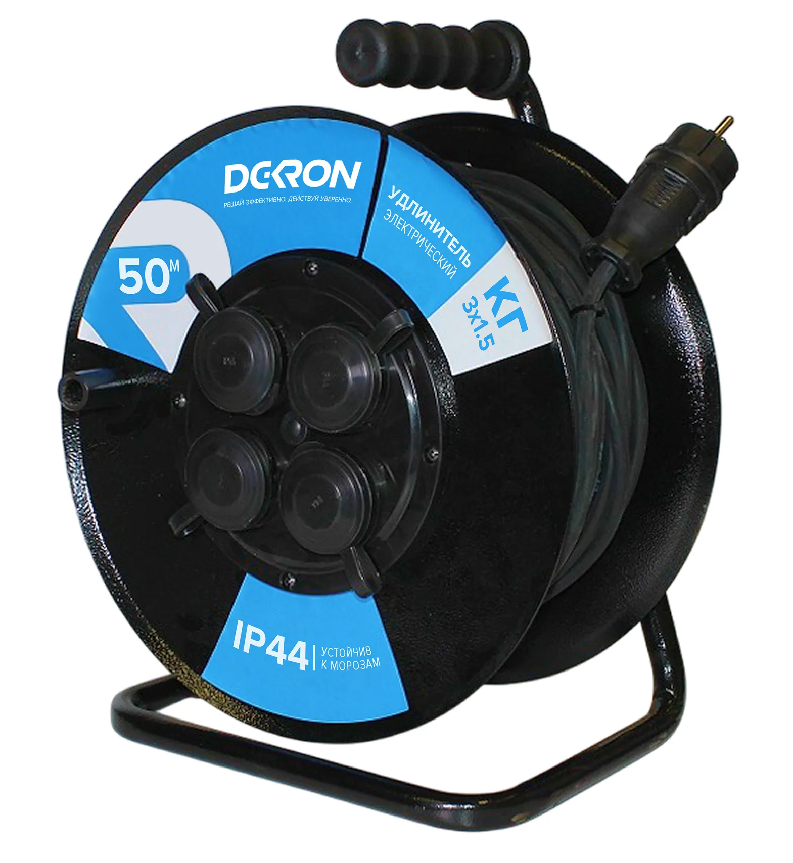 Удлинитель УКМ-44 силовой на катушке 4 гн. КГ 3х1,5 50м IP44 (катушка металл) 16А 3500Вт DEK0962-0008