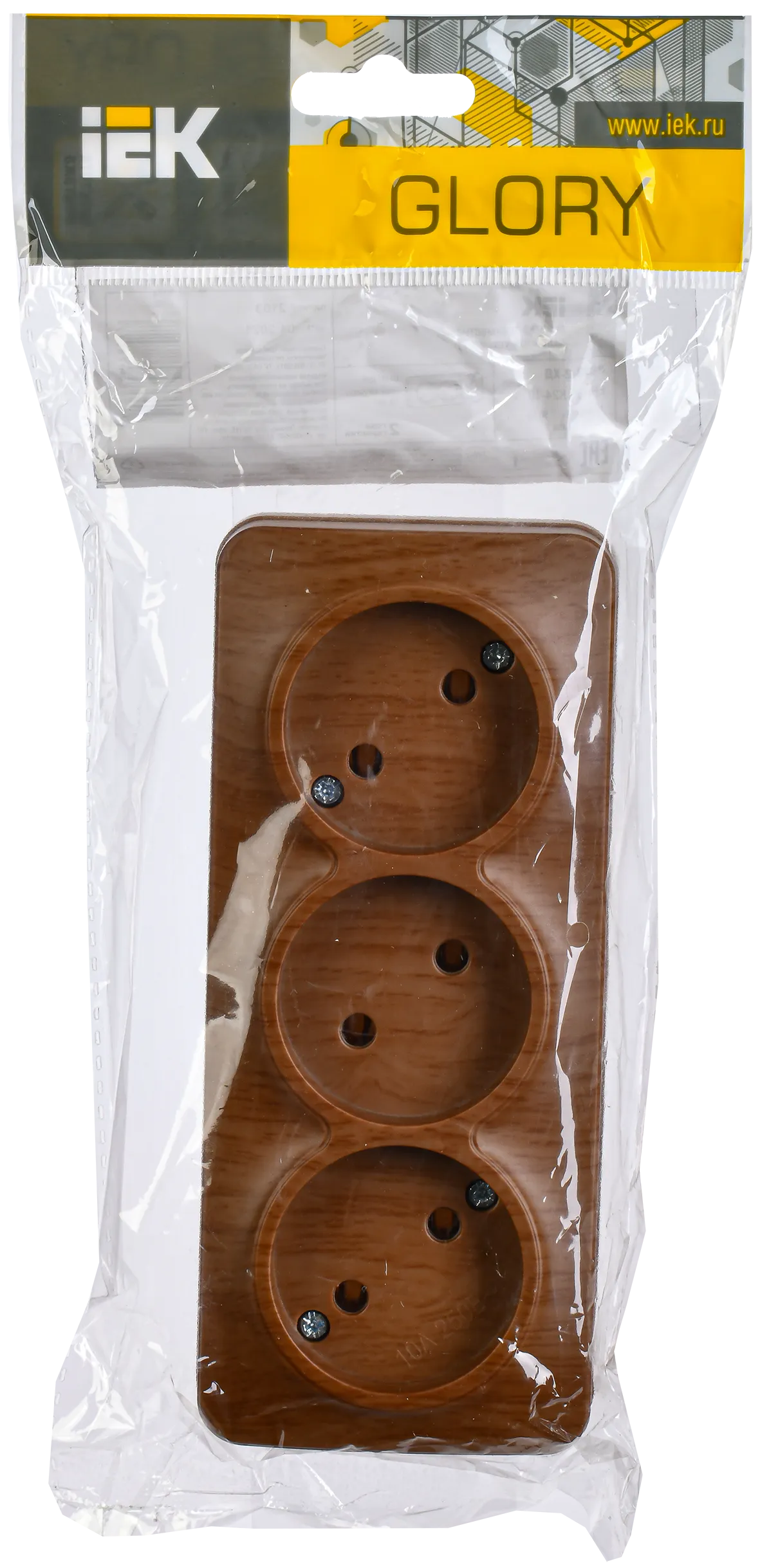 GLORY Розетка 3-местная для открытой установки без заземления без защитных шторок 10А РС23-2-ХД дуб IEK - Фото 2