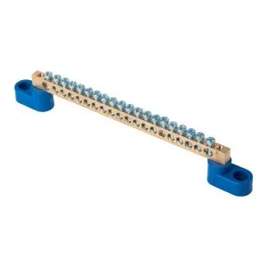 Шина "0" N (6x9мм) 20 отв. латунь 2 синих угловых изолятора EKF sn0-2-63-20