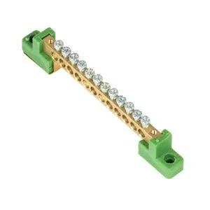 Шина "0" PE 6x9мм 12 отверстий латунь с контактной пластиной 2 зелёных угловых изолятора sn0-63-12-2-pe