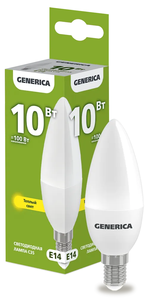 Лампа светодиодная C35 свеча 10Вт 230В 3000К E14 GENERICA