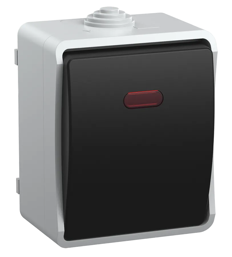 FORS Выключатель 1-клавишный проходной с индикацией для открытой установки 10А IP54 ВС20-1-1-ФСр серый IEK EVS11-K03-10-54-DC