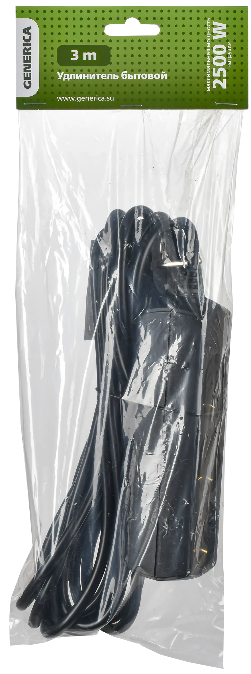 Удлинитель У03 3 места с заземлением 3м 3х1мм2 10А/250В черный GENERICA - Фото 2