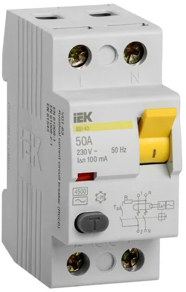 Выключатель дифференциальный (УЗО) ВД1-63 2Р 50А 100мА IEK MDV10-2-050-100