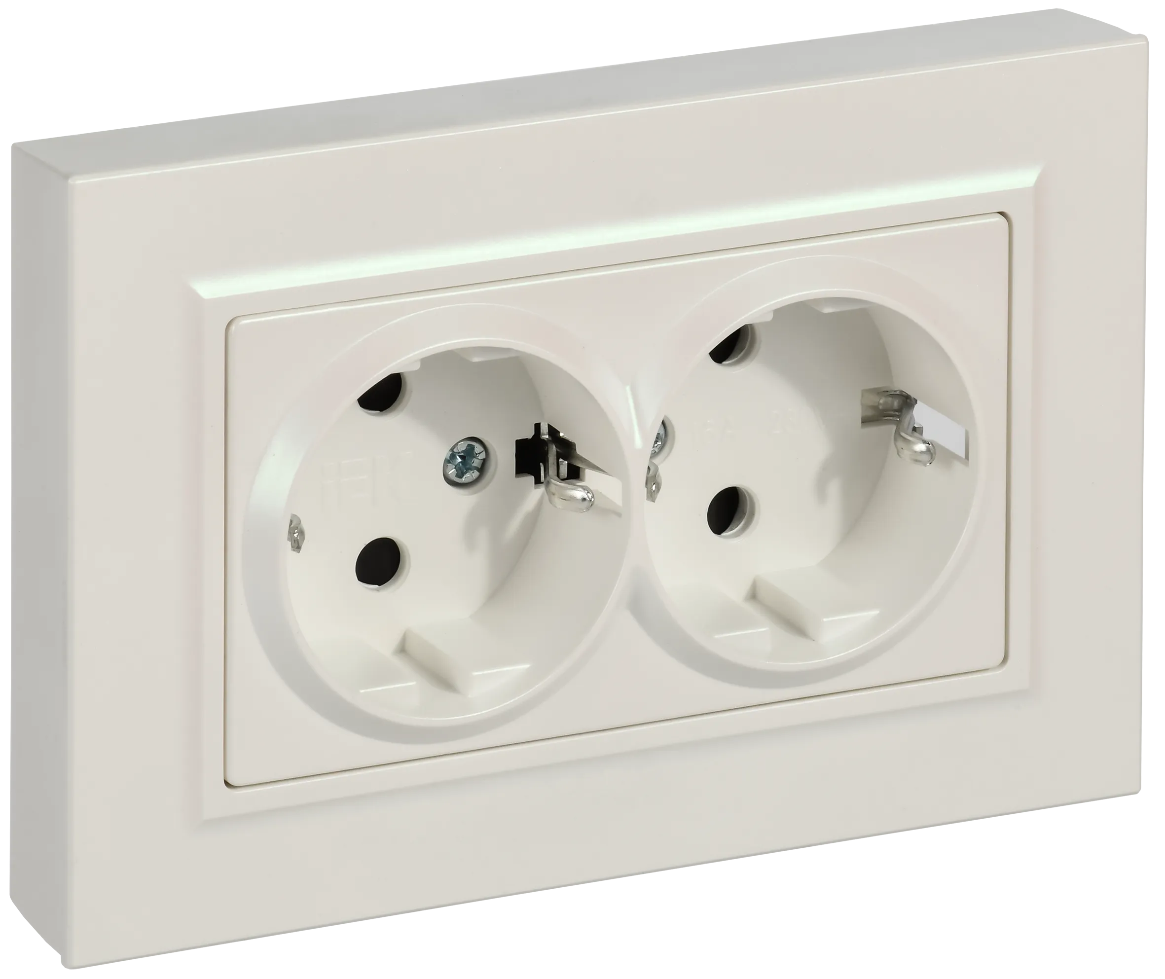 BRITE Розетка 2-местная с заземлением с защитными шторками плоская 16А в сборе РСшПл12-3-БрЖ жемчуг IEK BR-R28-16-K36-F