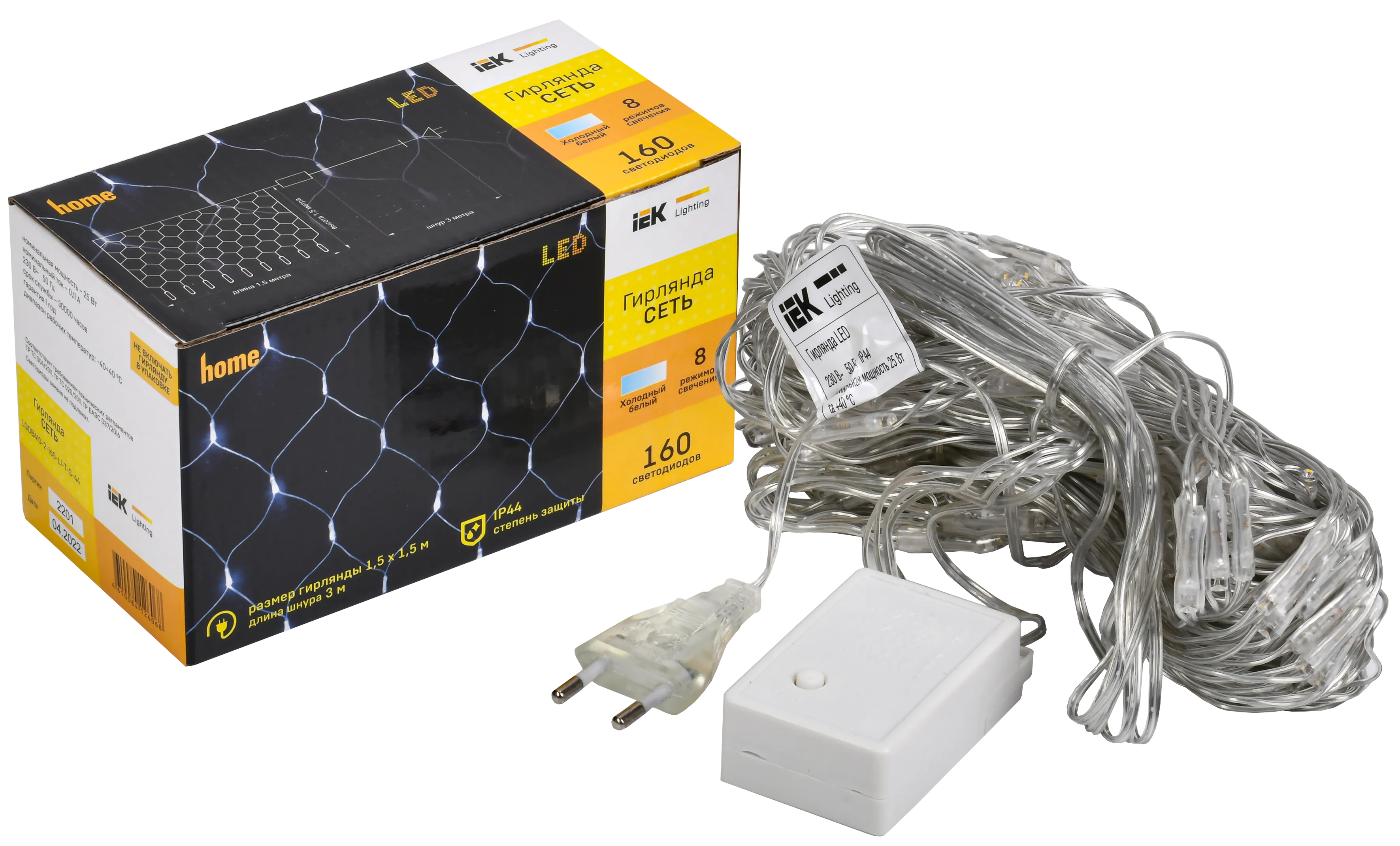 LIGHTING Гирлянда сеть 1,5х1,5м 160 светодиодов белый свет IP20 прозрачный шнур 3м 230В контроллер 8 сцен IEK - Фото 2