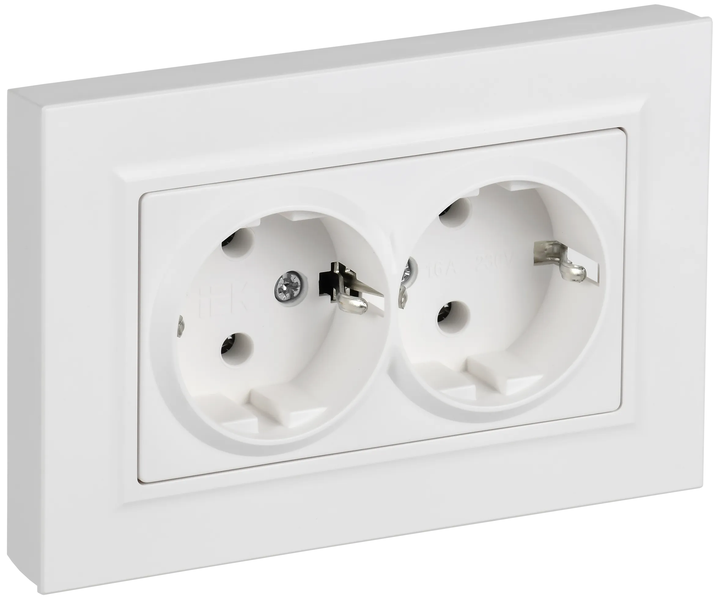 BRITE Розетка 2-местная с заземлением без защитных шторок плоская 16А в сборе РСПл12-3-БрАБ арктический белый IEK BR-R27-16-K91-F