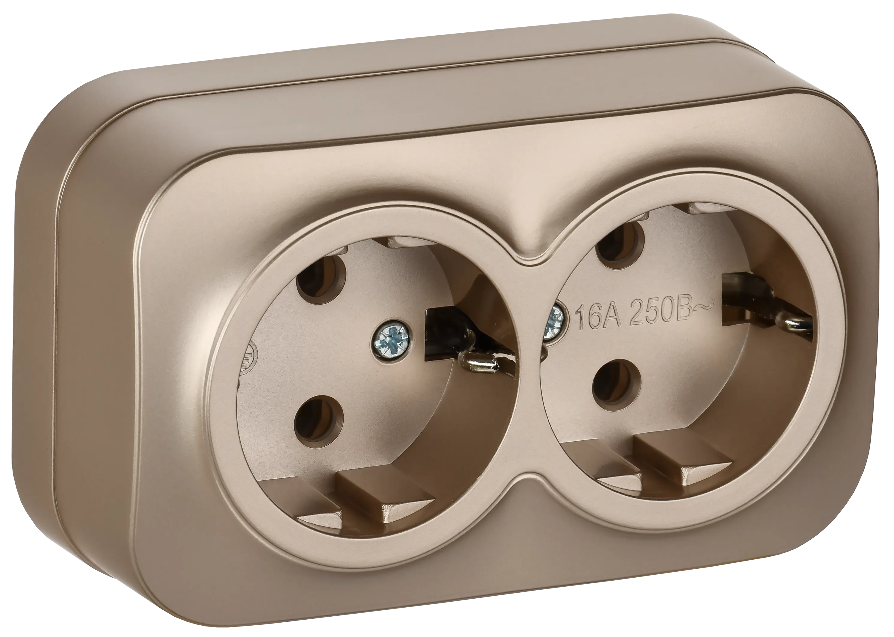 GLORY Розетка 2-местная для открытой установки с заземлением без защитных шторок 16А РС22-3-ХШм шампань матовый IEK ERH21-K37M-16