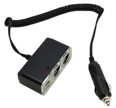 Разветвитель автоприкуривателя  2 гнезда 2хUSB (5 V 1000 mA) шнур спираль 1.5 м  REXANT 16-0225