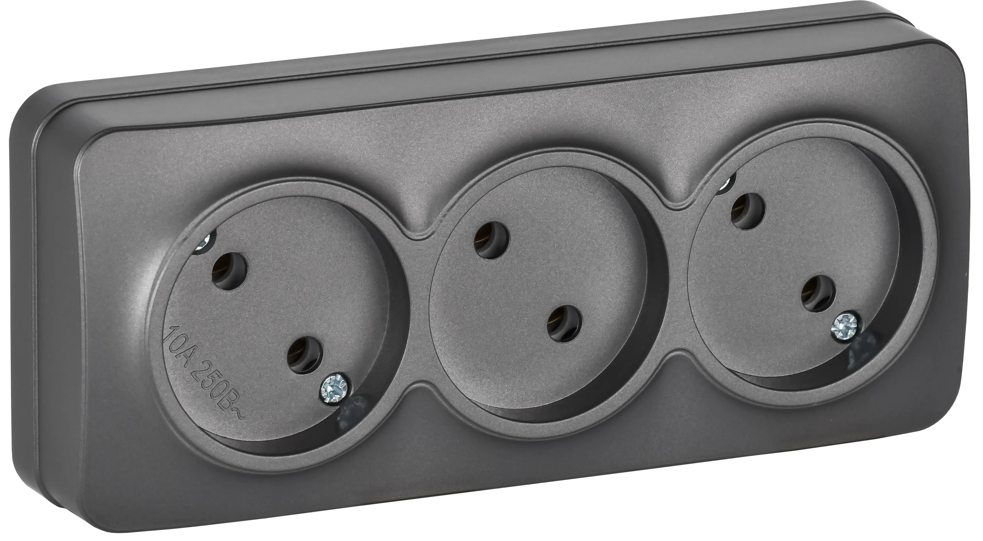 GLORY Розетка 3-местная для открытой установки без заземления без защитных шторок 10А РС23-2-ХСм сталь матовый IEK ERH30-K46M-10