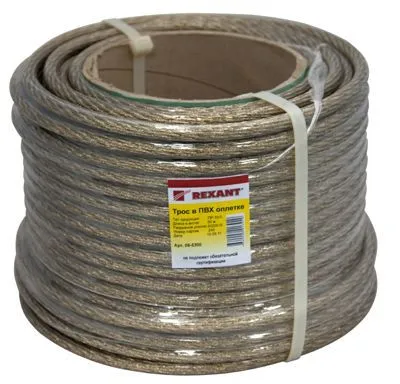Трос стальной в ПВХ оплетке d=10,0мм, прозрачный (катушка 50м) REXANT 09-5300