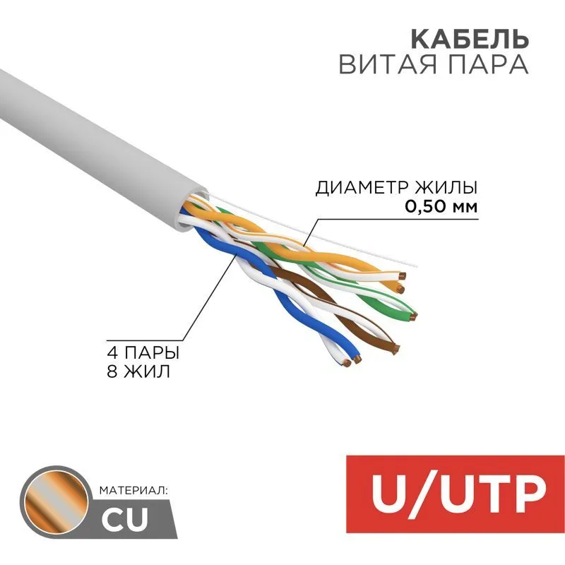 Кабель витая пара U/UTP, CAT 5e, PVC нг(А)-LS, 4х2х0,52мм, 4PR, 24AWG, INDOOR, SOLID, серый, 305м, РФ REXANT 01-0041-R