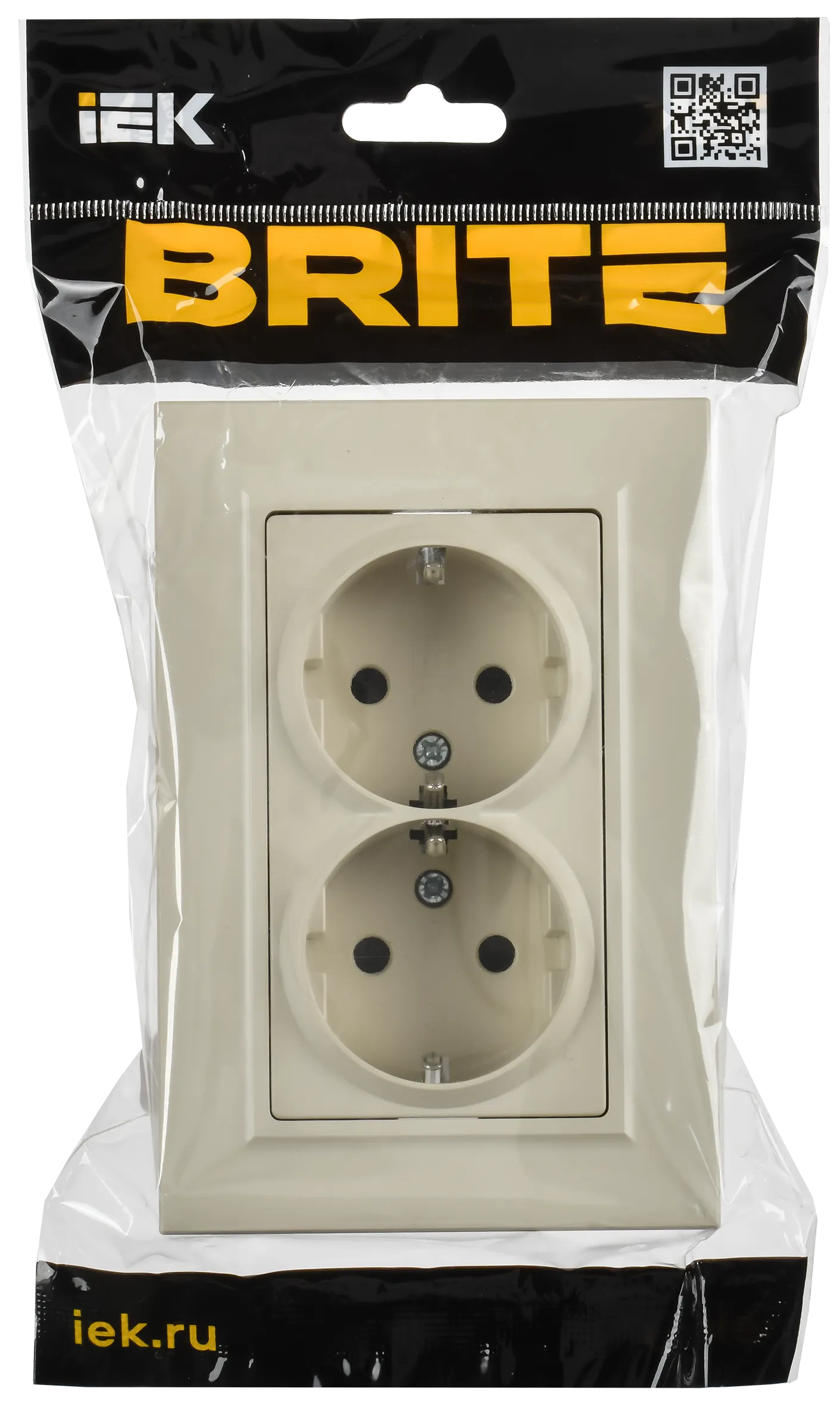 BRITE Розетка 2-местная с заземлением с защитными шторками плоская 16А в сборе РСшПл12-3-БрКр бежевый IEK - Фото 2
