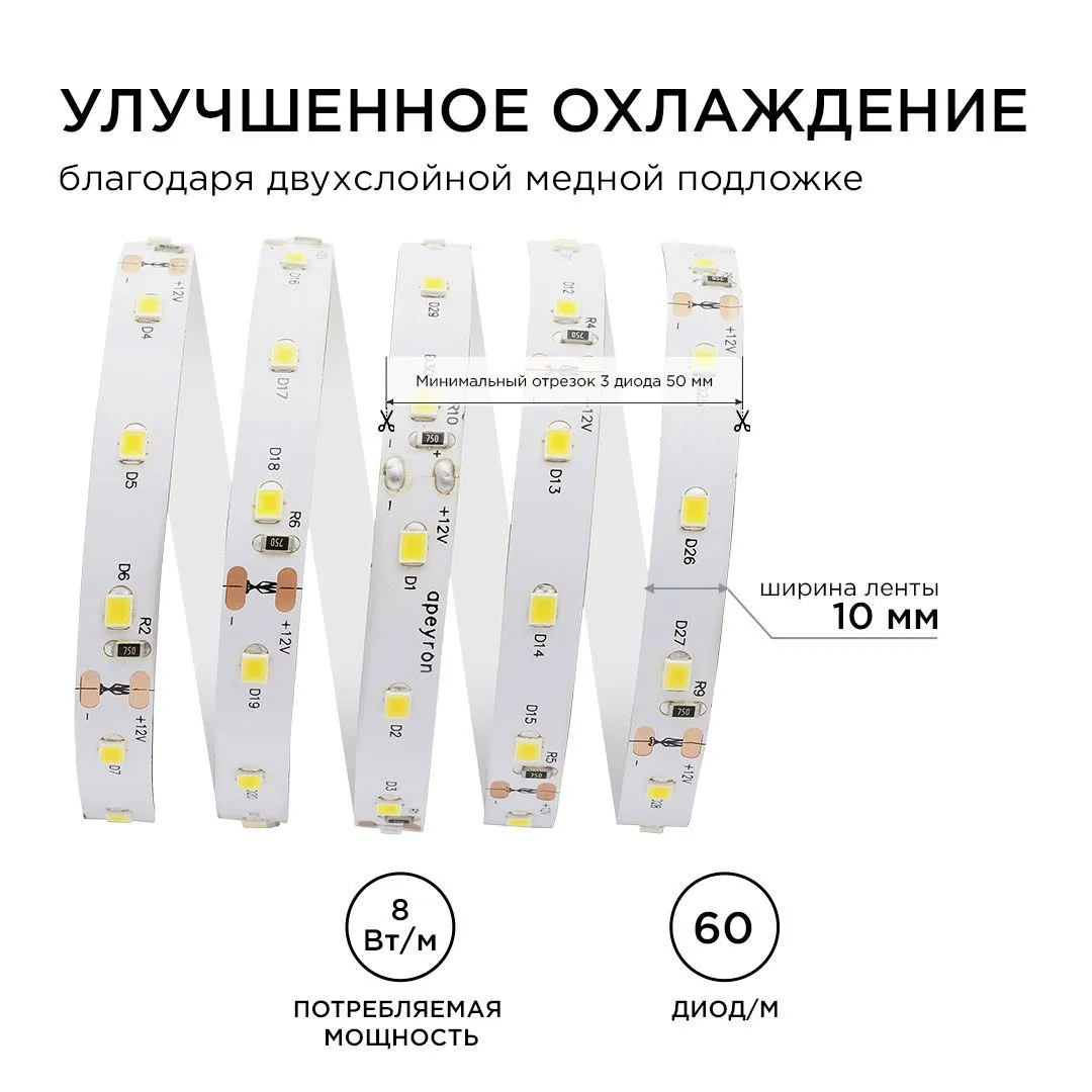 Лента светодиодная СТ smd2835 60д/м 12В 6500К IP20 5м Apeyron - Фото 5