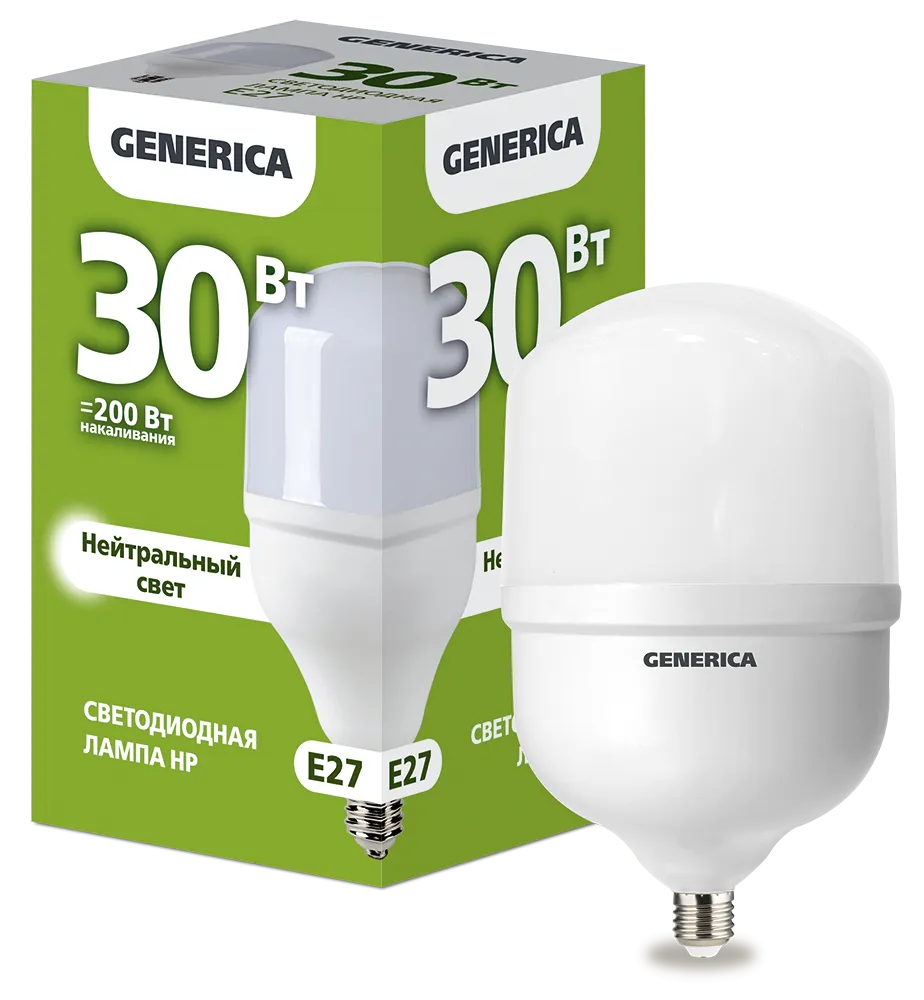 Лампа светодиодная HP 30Вт 230В 4000К E27 GENERICA LL-HP-30-230-40-E27-G