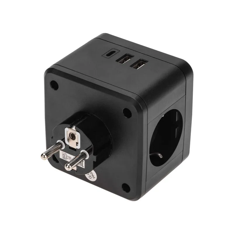 Двойник электрический Куб 16А с/з + 2хUSB-A 2,4А + USB Type-C 3А с ночной подсветкой, черный REXANT - Фото 3
