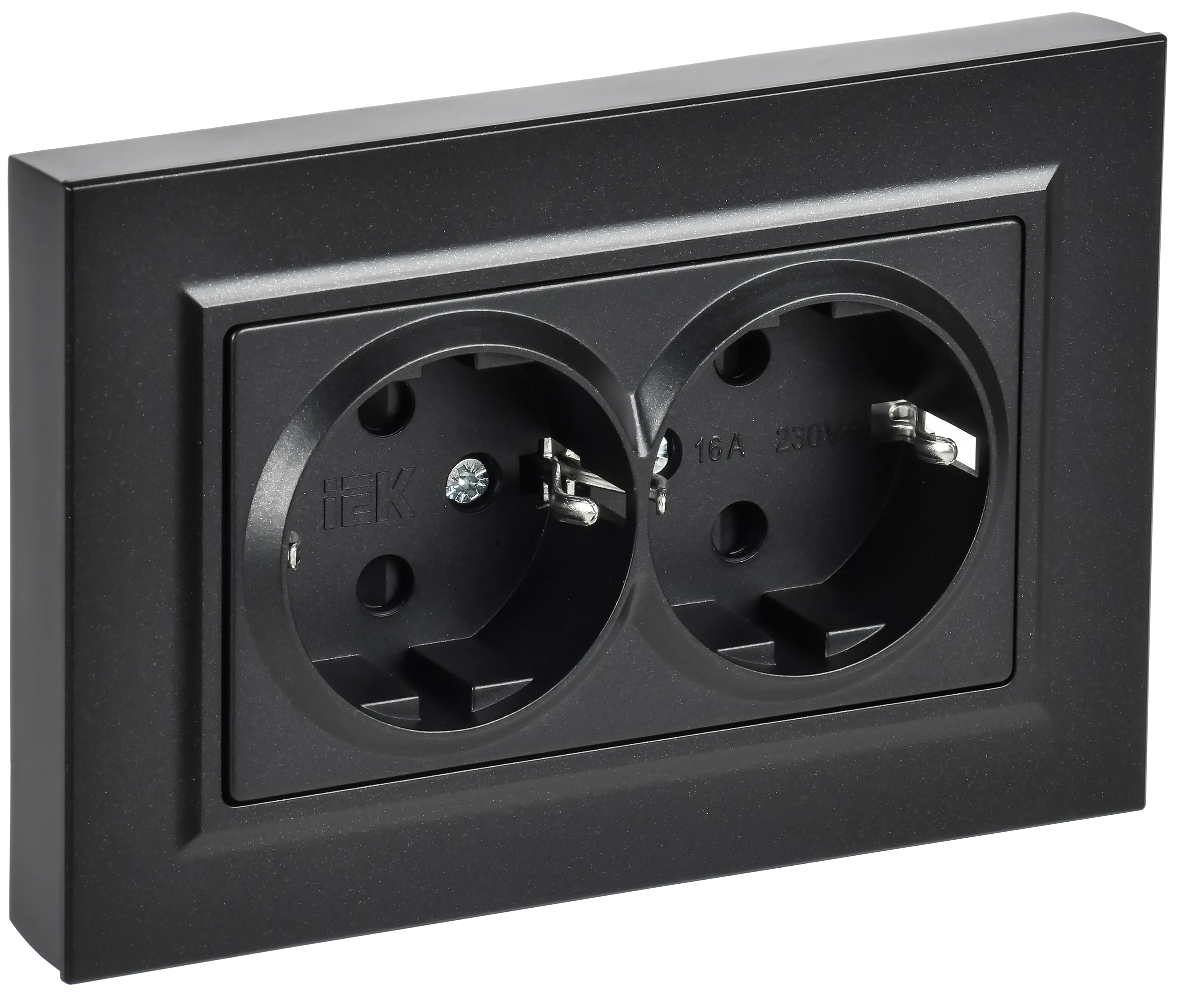 BRITE Розетка 2-местная с заземлением с защитными шторками плоская 16А в сборе РСшПл12-3-БрЧ черный IEK BR-R28-16-K02-F