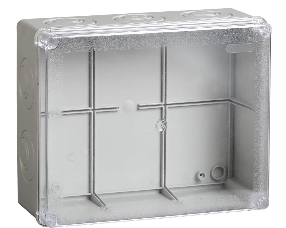 Коробка распаячная КМ41275 для открытой проводки безгалогенная (HF) 240х195х90мм с прозрачной крышкой IP44 5 вводов RAL 7035 IEK
