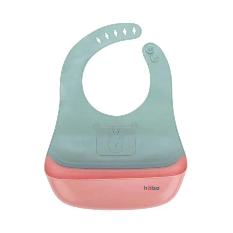 Фартук нагрудный для кормления с жестким карманом, зеленый с розовым HALSA HLS-BI-101