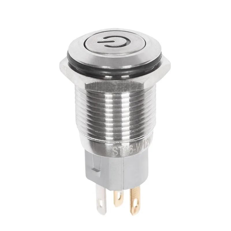 Кнопка антивандальная Ø16 12В(LED) Б/Фикс (5с) OFF-(ON)/ON-(OFF) плоская подсв/синяя POWER (A-16-F5) 36-3241