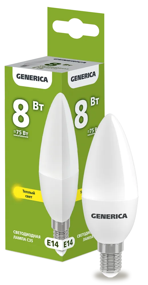 Лампа светодиодная C35 свеча 8Вт 230В 3000К E14 GENERICA