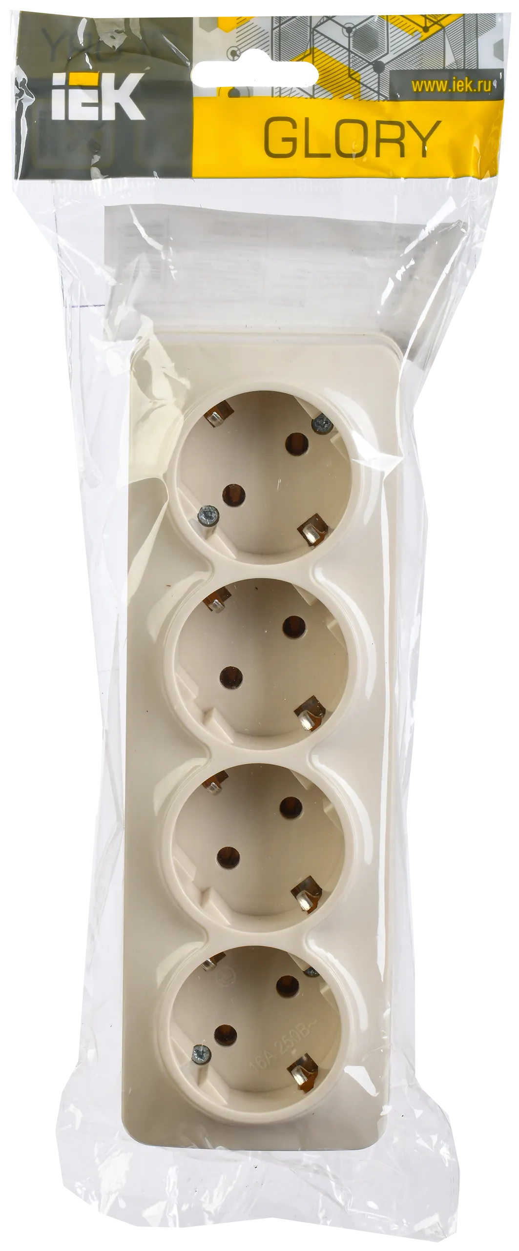 GLORY Розетка 4-местная для открытой установки с заземлением без защитных шторок 16А РС24-3-ХК кремовый IEK - Фото 2