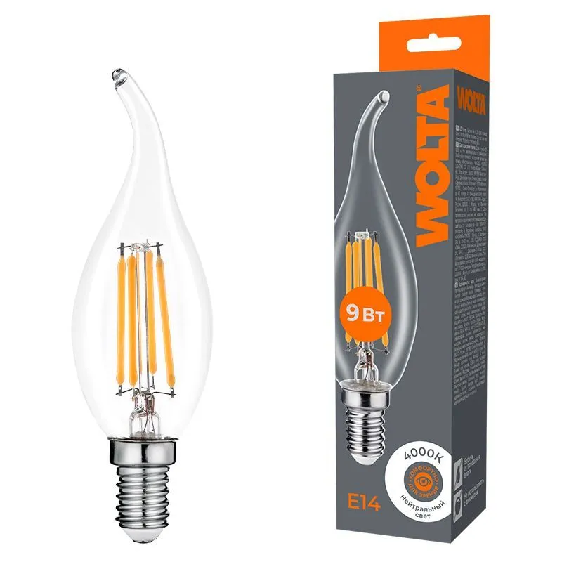Светодиодная лампа WOLTA Filament, AC 210-240В, 50/60 Гц, прозрачное стекло, "Свеча на ветру", CT35, E14, 9 Вт, 810 лм, 4000 К, 1/10/100 WF-CT35-9W4KE14
